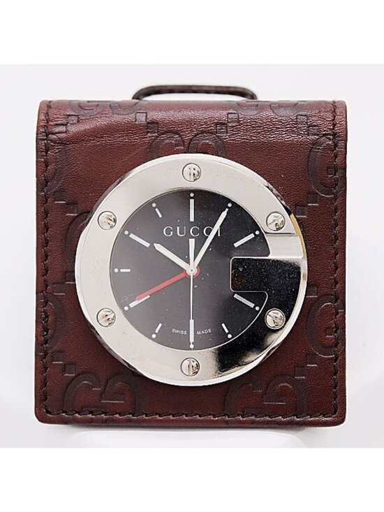 Gucci Travel Clock 200 SS Quartz Black Dial GG Pattern Table